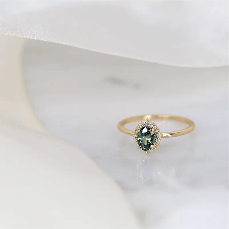 0.87ct Ready to Ship Mini Mae 14kt Gold Green Tea Teal Sapphire Diamond Oval Halo Ring vy 3