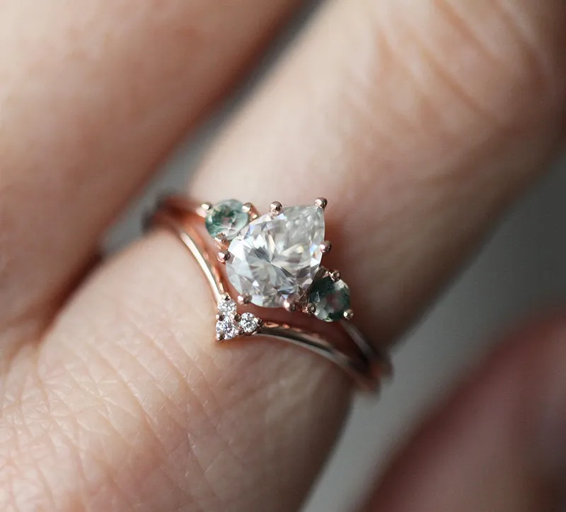 Misella Pear Moissanite Ring With Side Moss Agate view 3
