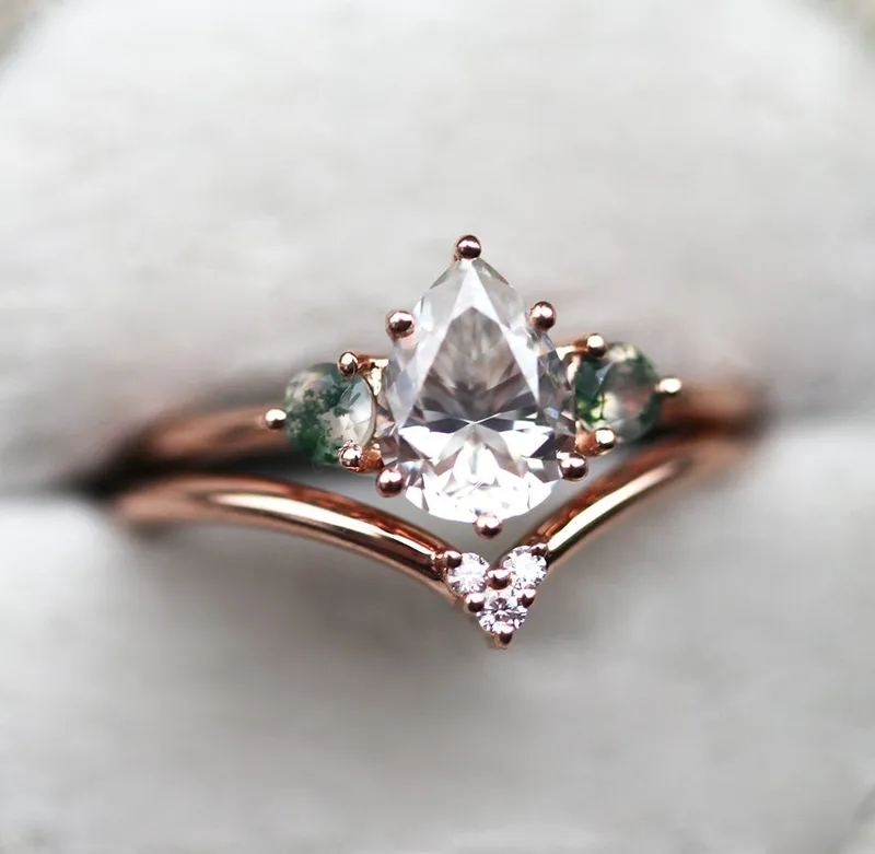 Misella Pear Moissanite Ring With Side Moss Agate view 4