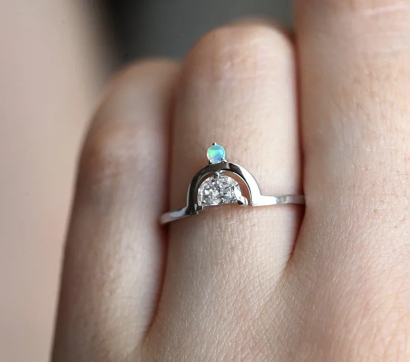 Modern Half-Moon Diamond Ring With Australian Opal vy 2