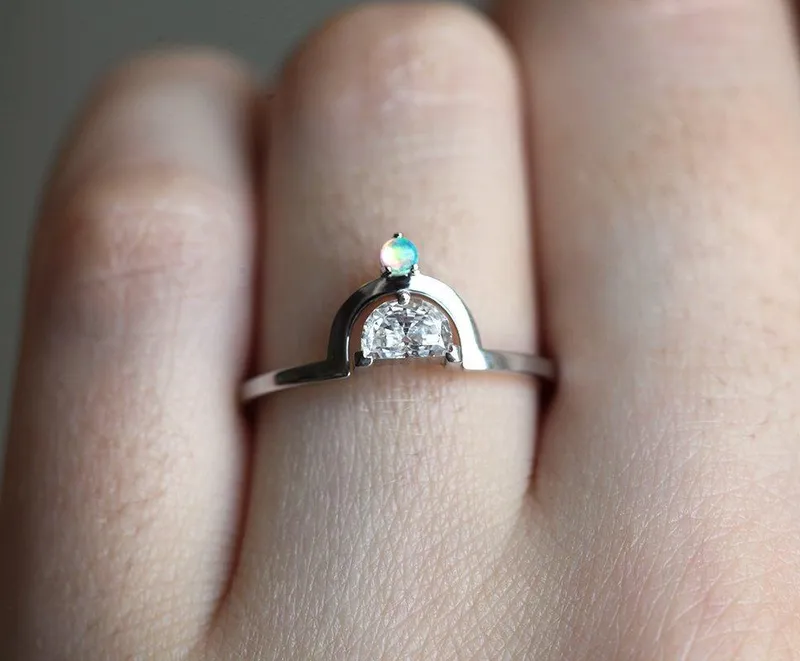 Modern Half-Moon Diamond Ring With Australian Opal vy 9