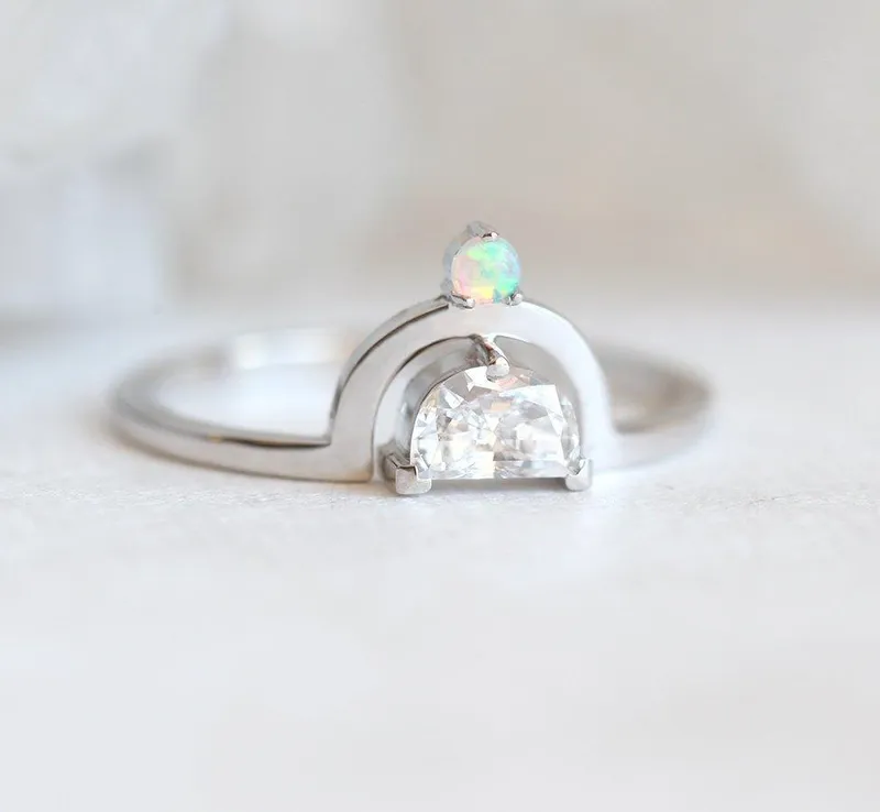 Modern Half-Moon Diamond Ring With Australian Opal diamond engagement ring