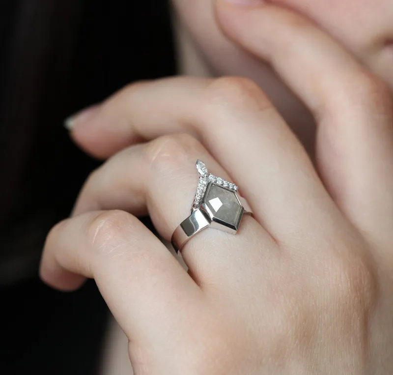 Modern Hexagon Diamond Ring With White Diamond Crown view 4