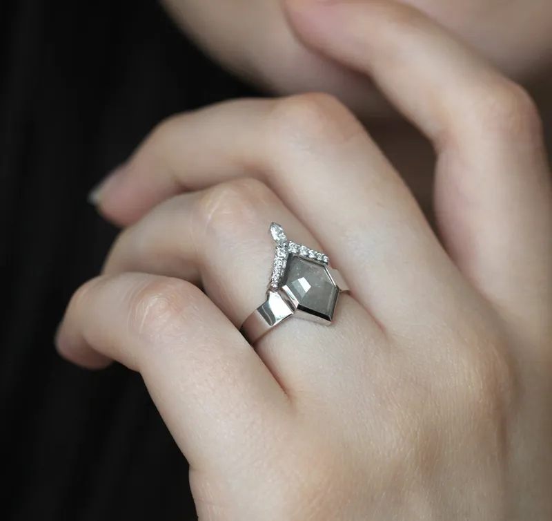 Modern Hexagon Diamond Ring With White Diamond Crown view 7