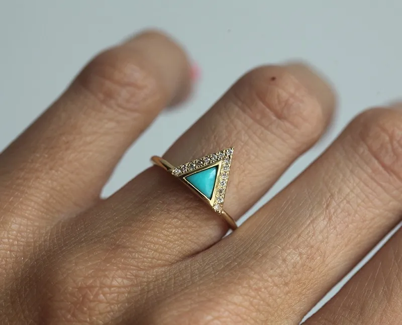 Modern Triangle Cut Turquoise Ring With Diamond Chevron view 2