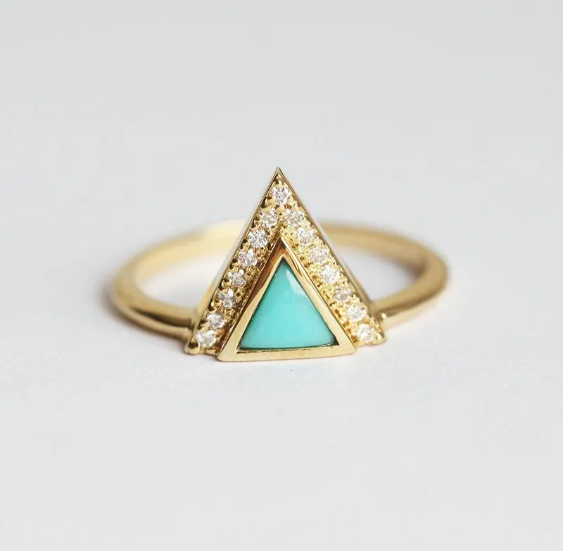 Modern Triangle Cut Turquoise Ring With Diamond Chevron view 3