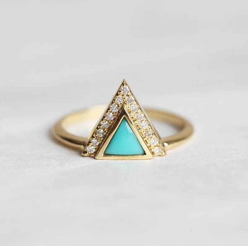 Modern Triangle Cut Turquoise Ring With Diamond Chevron view 4