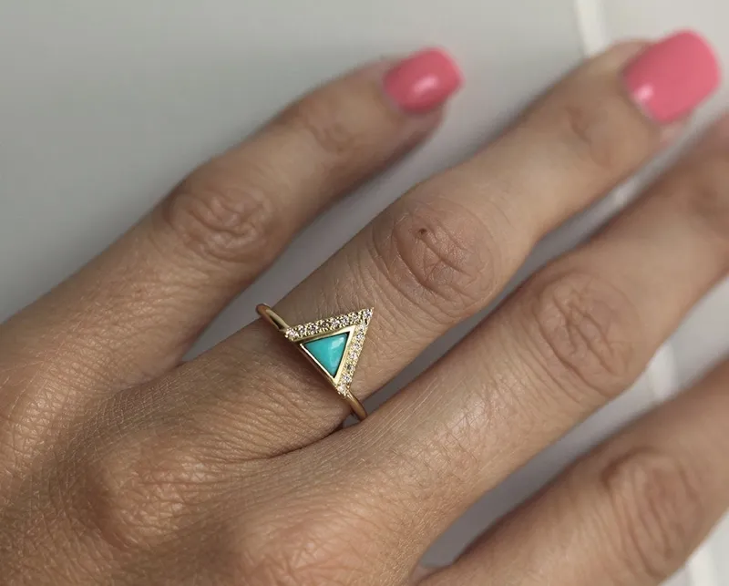 Modern Triangle Cut Turquoise Ring With Diamond Chevron view 5