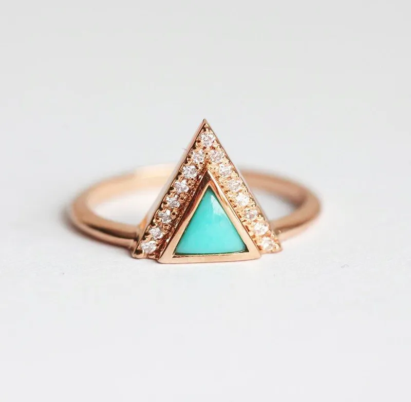 Modern Triangle Cut Turquoise Ring With Diamond Chevron view 6