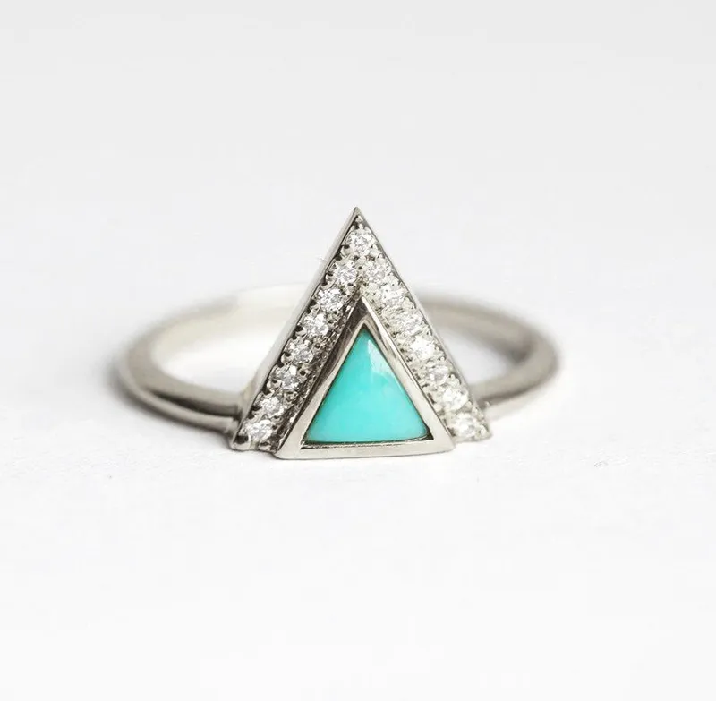 Modern Triangle Cut Turquoise Ring With Diamond Chevron view 7