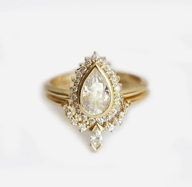 Moissanite And Diamond Ring Set, 14K Gold Ring Set vy 10