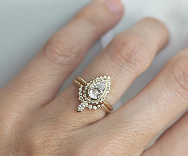 Moissanite And Diamond Ring Set, 14K Gold Ring Set vy 9