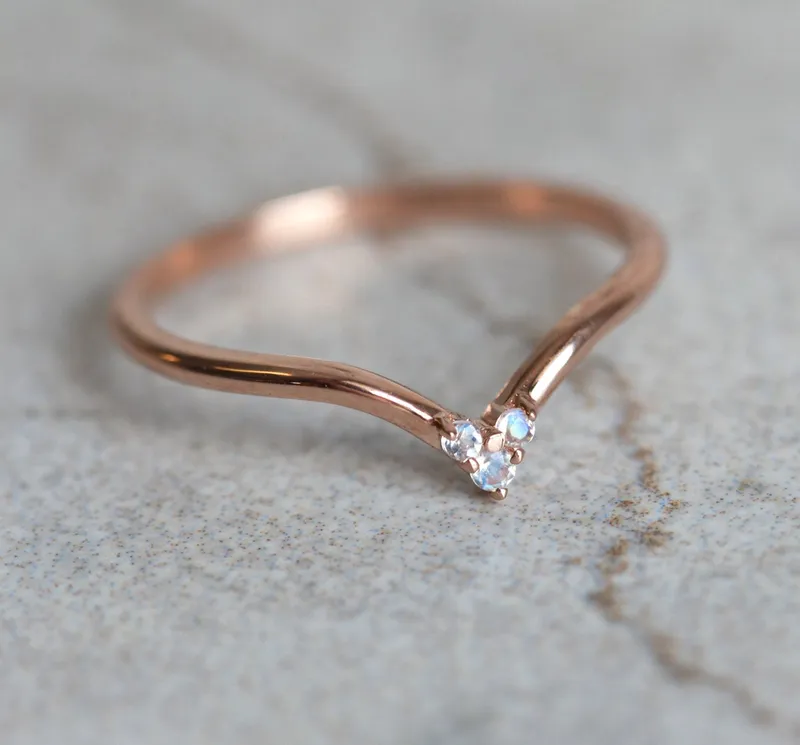 Moonstone Wedding Band, V Gold Ring With Moonstones vy 4