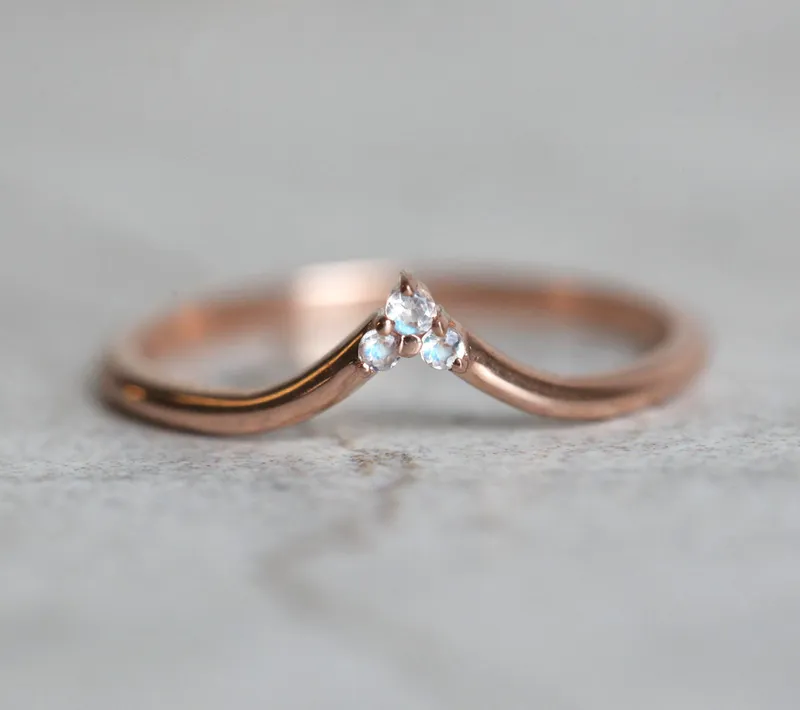 Moonstone Wedding Band, V Gold Ring With Moonstones vy 5