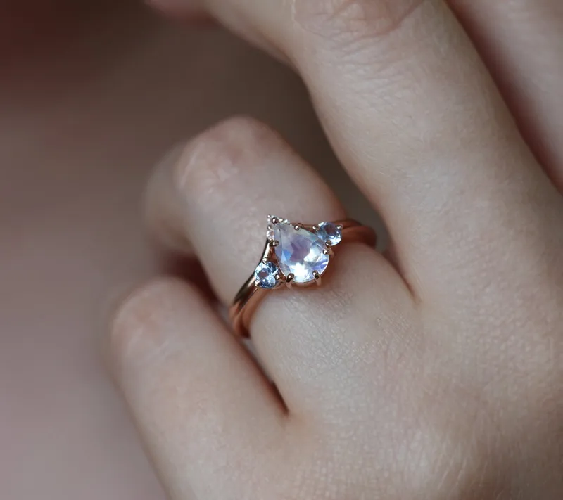 Moonstone Wedding Band, V Gold Ring With Moonstones vy 7