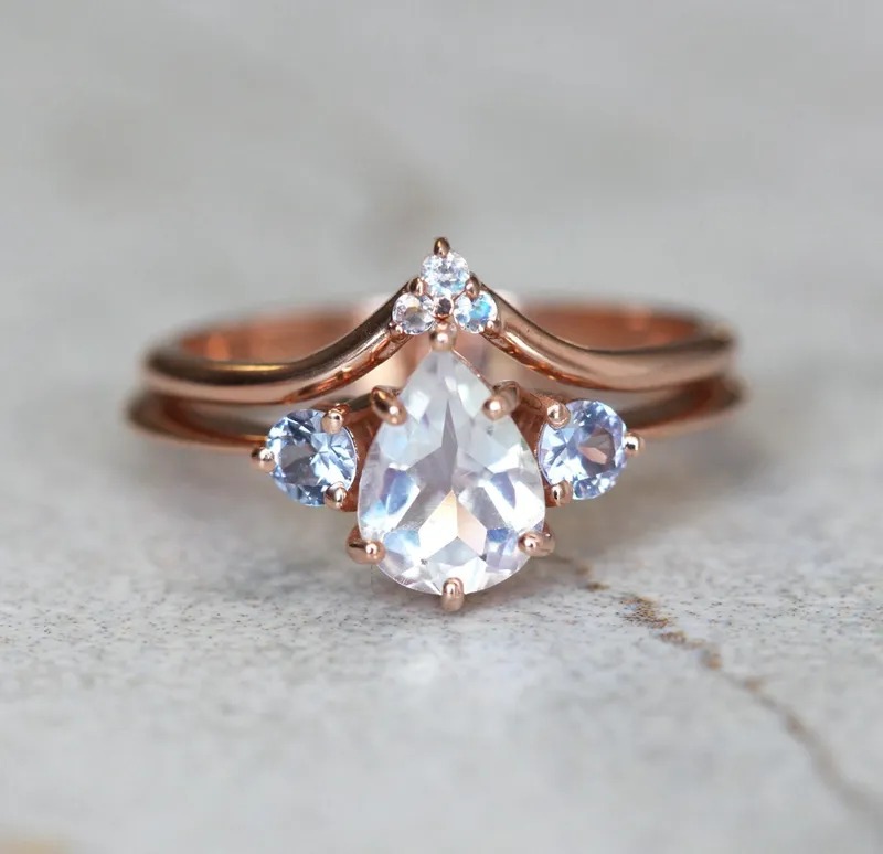Moonstone Wedding Band, V Gold Ring With Moonstones vy 8