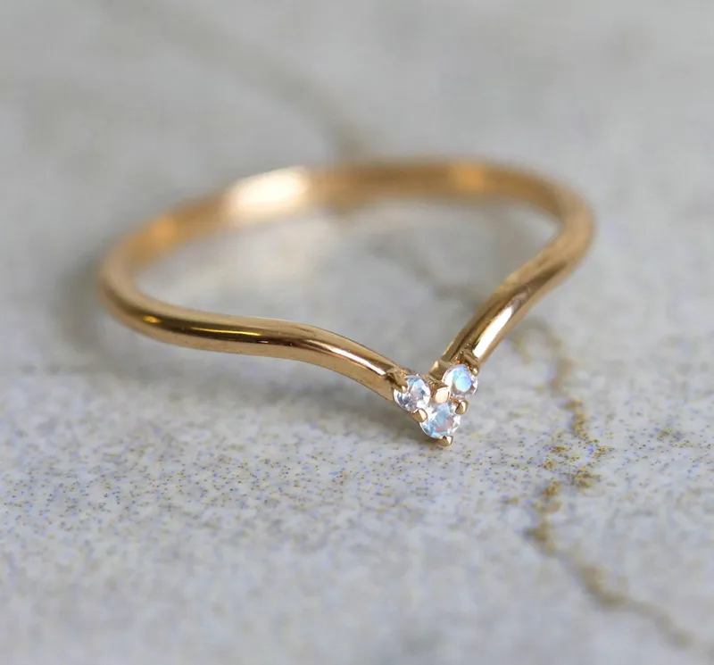 Moonstone Wedding Band, V Gold Ring With Moonstones vy 9
