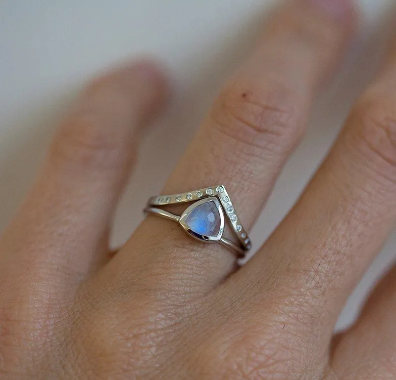 Moonstone Wedding Ring Set, Moonstone Engagement Ring vy 2