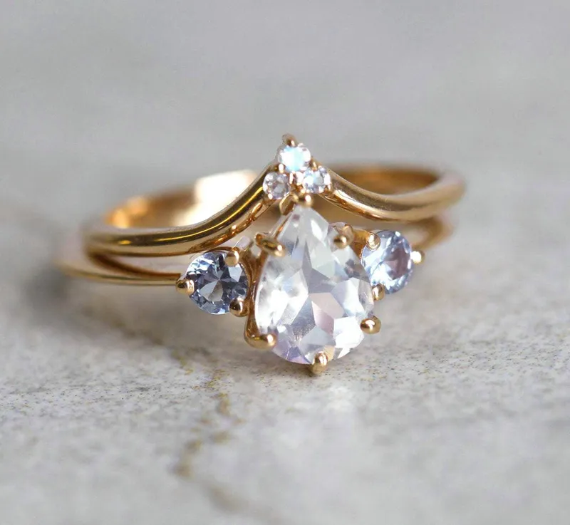 Moonstone And Sapphire Ring Set With Matching Band view 11