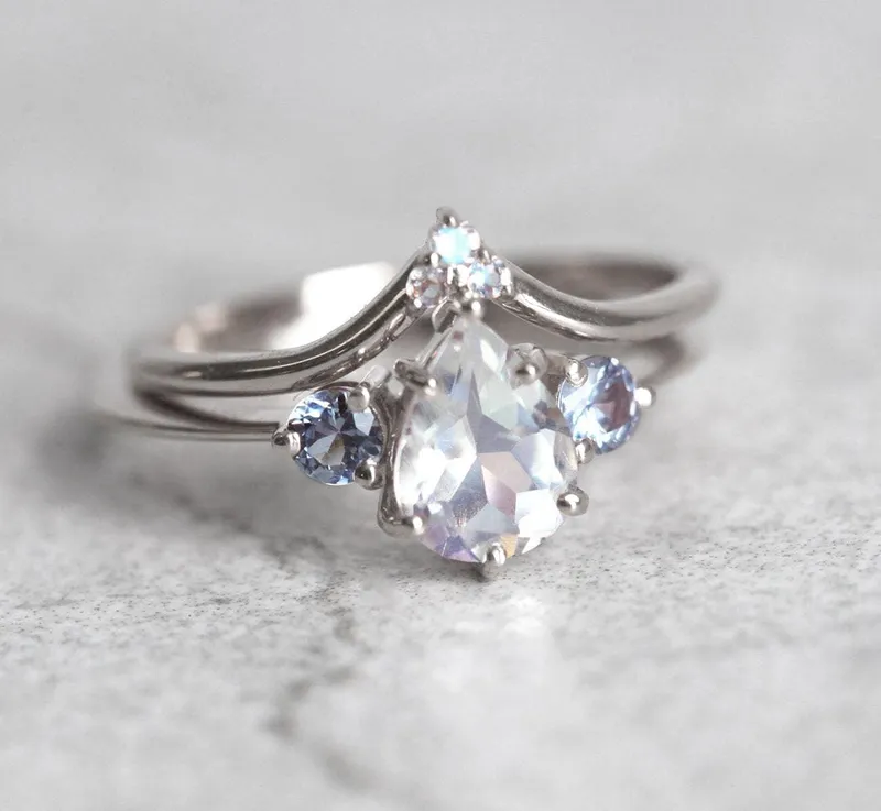 Moonstone And Sapphire Ring Set With Matching Band view 12