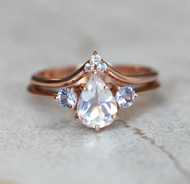 Moonstone And Sapphire Ring Set With Matching Band view 3