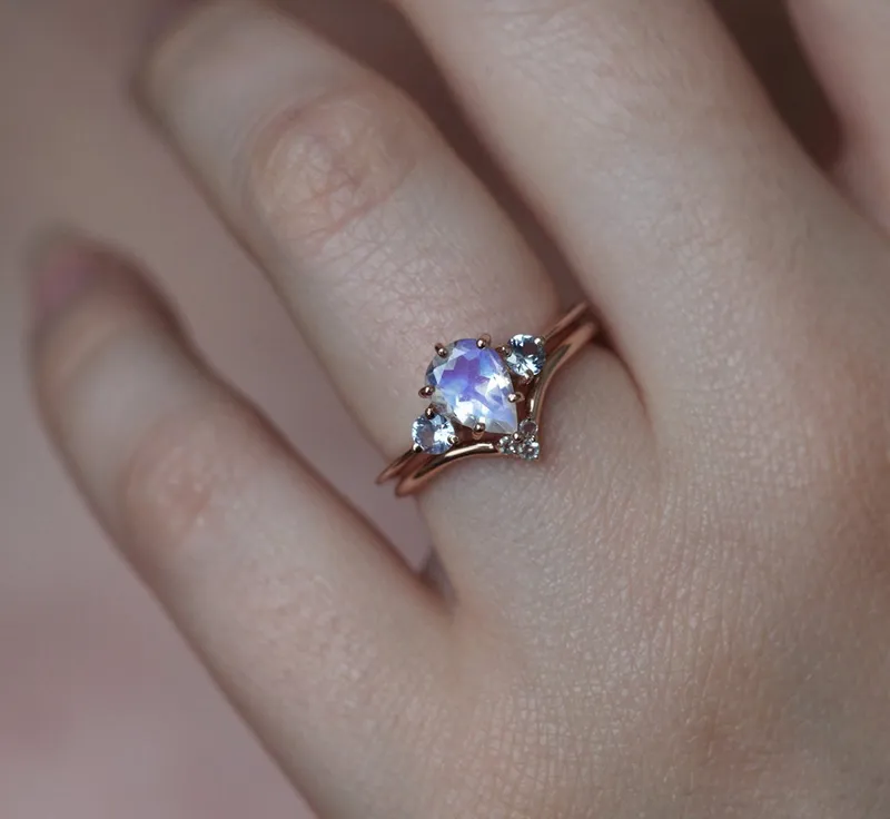 Moonstone And Sapphire Ring Set With Matching Band view 4