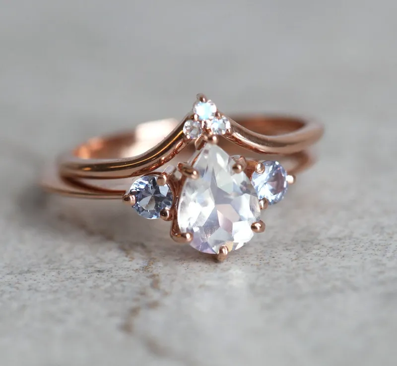 Moonstone And Sapphire Ring Set With Matching Band view 5