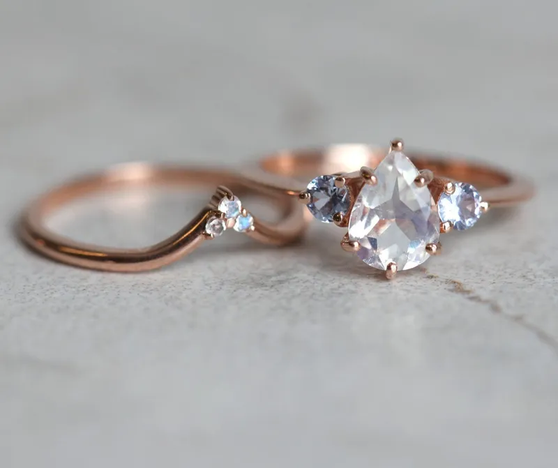 Moonstone And Sapphire Ring Set With Matching Band view 6
