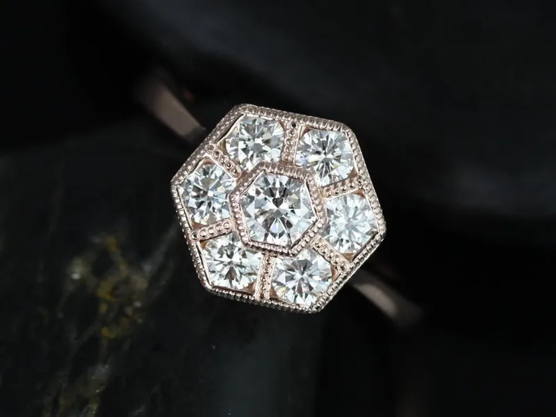 Mosaic Grande 14kt Gold Diamond WITH Milgrain Diamond Hexagon Cluster Ring vy 4