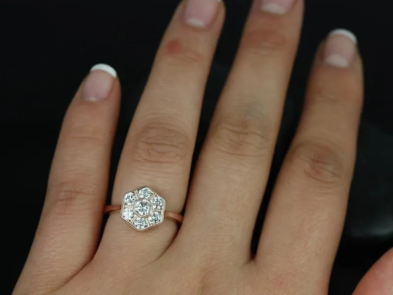 Mosaic Grande 14kt Gold Diamond WITH Milgrain Diamond Hexagon Cluster Ring vy 2