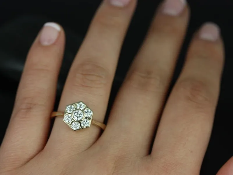 Mosaic Grande 14kt Gold WITHOUT Milgrain Diamond Hexagon Cluster Ring vy 2
