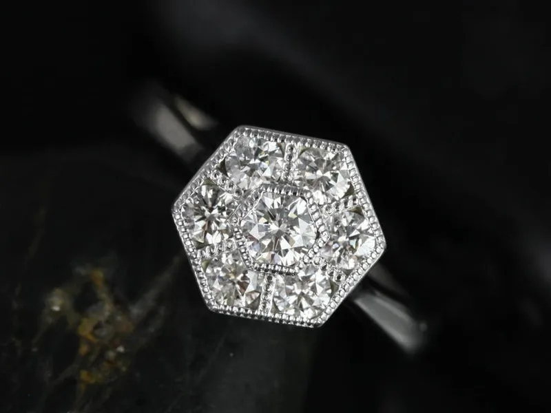 Mosaic Medio 14kt Gold Diamond WITH Milgrain Hexagon Unique Art Deco Cluster Ring vy 3