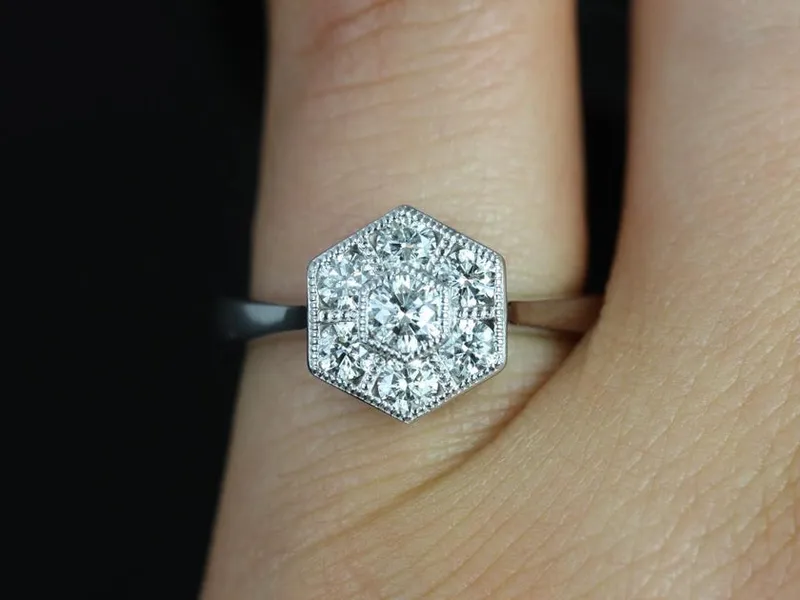 Mosaic Medio 14kt Gold Diamond WITH Milgrain Hexagon Unique Art Deco Cluster Ring diamond engagement ring
