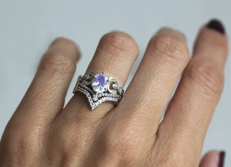 Naira Rainbow Moonstone Ring Set, Moonstone Diamond Ring view 2