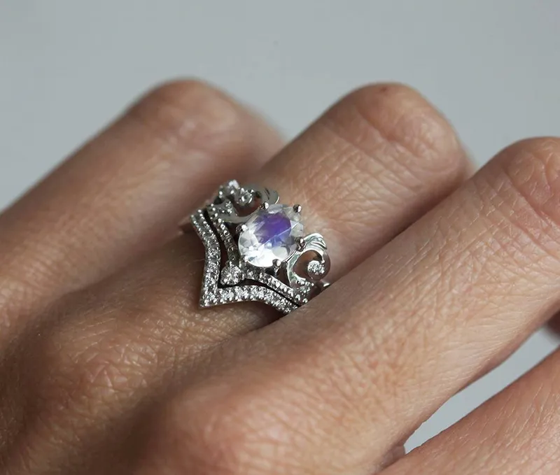 Naira Rainbow Moonstone Ring Set, Moonstone Diamond Ring view 3