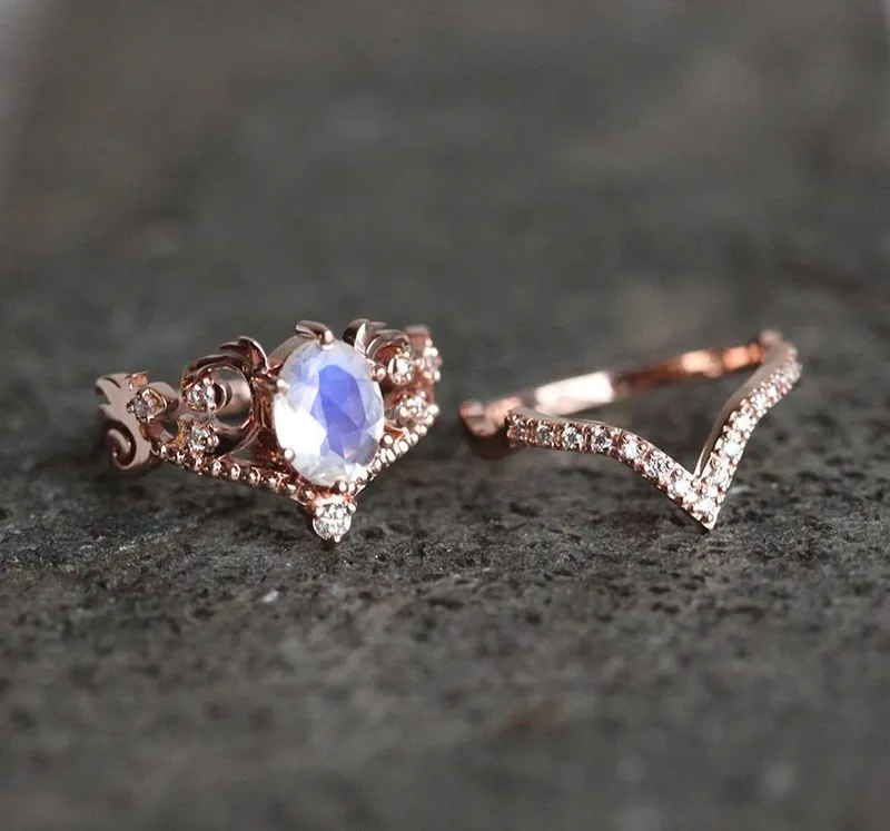 Naira Rainbow Moonstone Ring Set, Moonstone Diamond Ring view 4