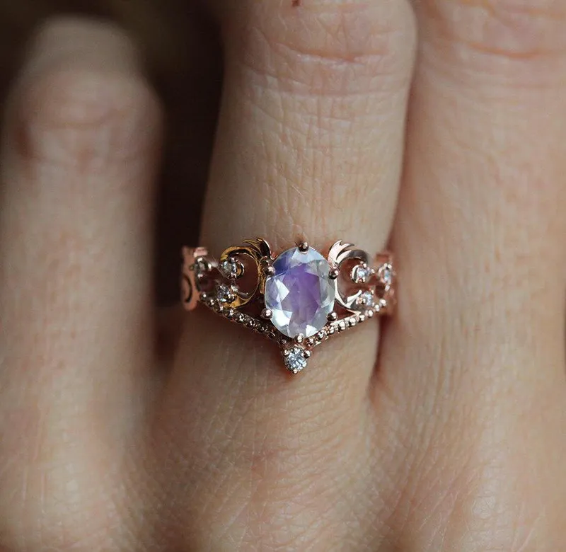 Naira Rainbow Moonstone Ring Set, Moonstone Diamond Ring view 5