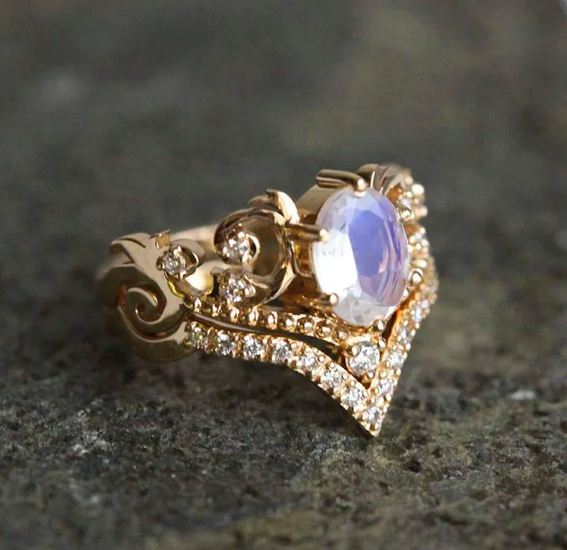 Naira Rainbow Moonstone Ring Set, Moonstone Diamond Ring view 6