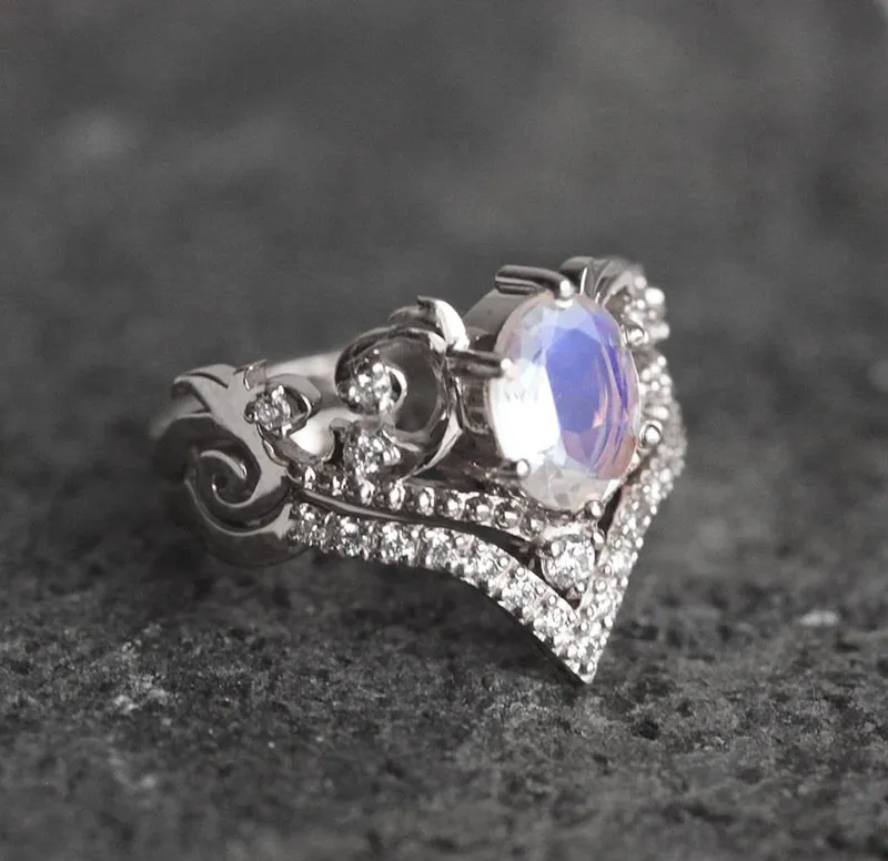 Naira Rainbow Moonstone Ring Set, Moonstone Diamond Ring view 7