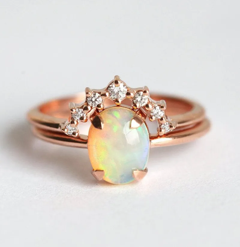Natalie Australian Opal And Diamond Ring Set oval cut engagement ring
