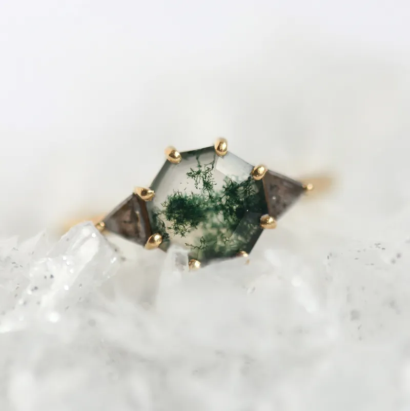 Octagon Moss Agate Ring With Salt Pepper Accent Diamonds view 2