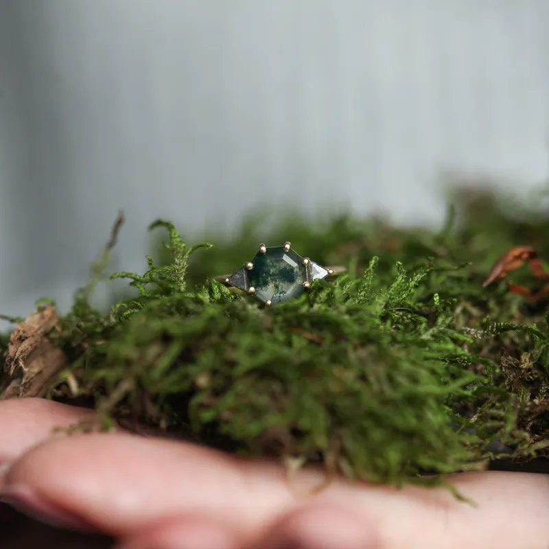 Octagon Moss Agate Ring With Salt Pepper Accent Diamonds view 3