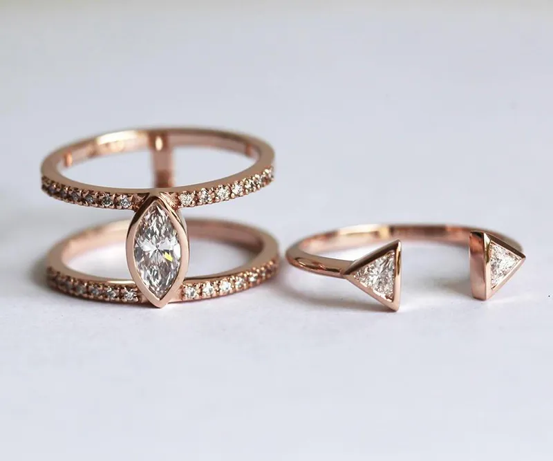 Olga Diamond Engagement Ring Set, Triangle Open Wedding Ring Set vy 3