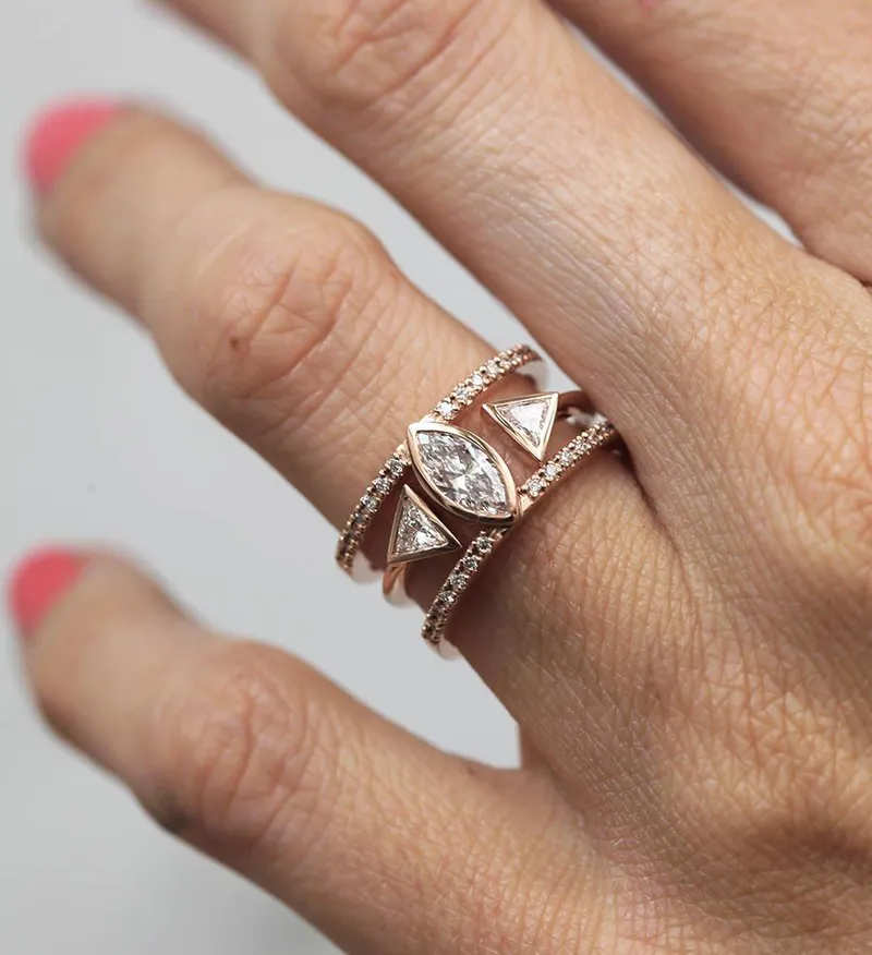 Olga Diamond Engagement Ring Set, Triangle Open Wedding Ring Set vy 4