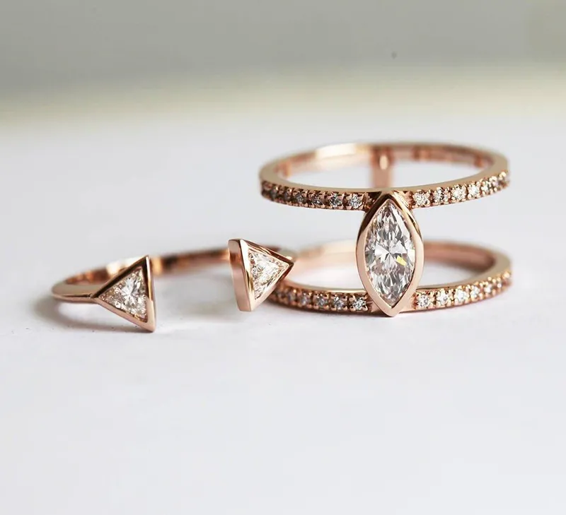 Olga Diamond Engagement Ring Set, Triangle Open Wedding Ring Set view 4