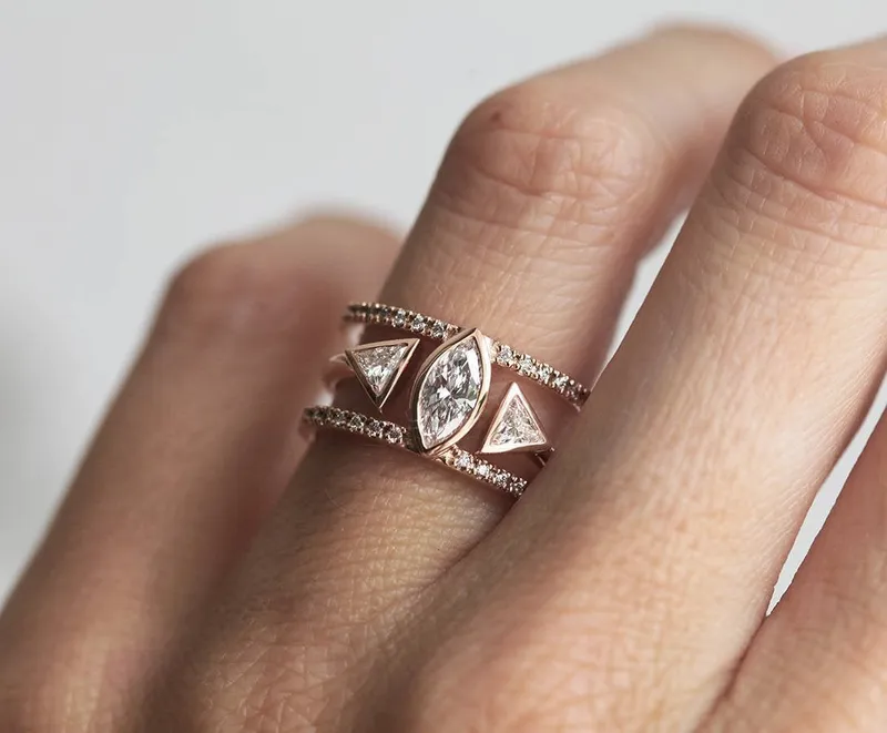 Olga Diamond Engagement Ring Set, Triangle Open Wedding Ring Set emerald emerald cut engagement ring