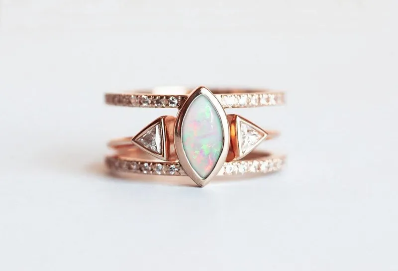 OLGA RAINBOW MOONSTONE & DIAMOND WEDDING RING SET WITH TRIANGLE OPEN BAND view 2