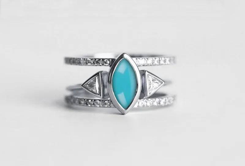OLGA RAINBOW MOONSTONE & DIAMOND WEDDING RING SET WITH TRIANGLE OPEN BAND view 3
