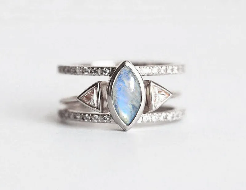 OLGA RAINBOW MOONSTONE & DIAMOND WEDDING RING SET WITH TRIANGLE OPEN BAND view 6