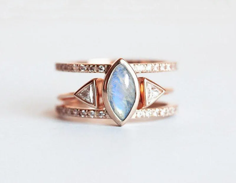OLGA RAINBOW MOONSTONE & DIAMOND WEDDING RING SET WITH TRIANGLE OPEN BAND blue engagement ring